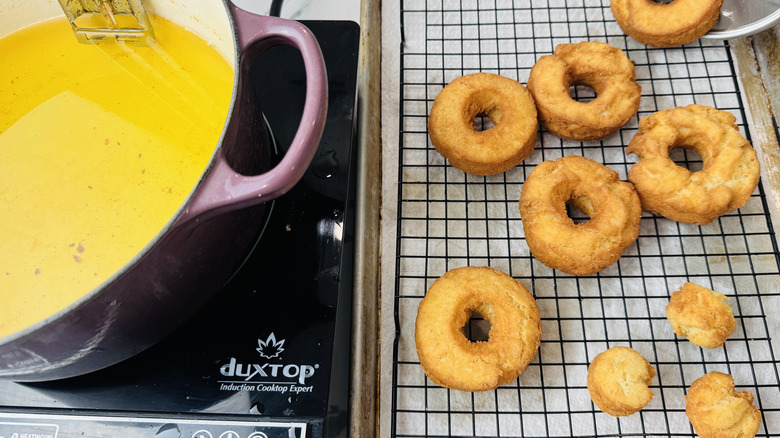 Cooling fried old-fashioned doughnuts