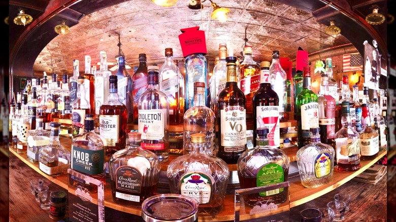 Bottles of alcohol out on bar at the Pioneer Saloon