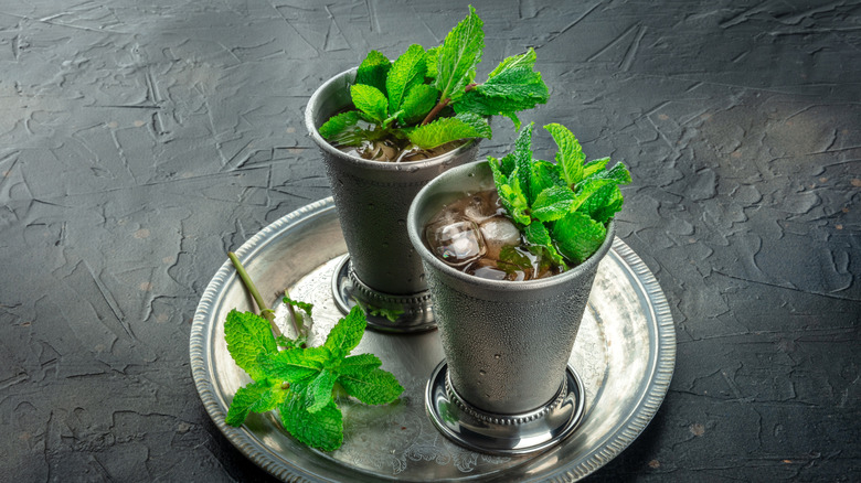 two mint julep cocktails in classic silver kentucky derby cups
