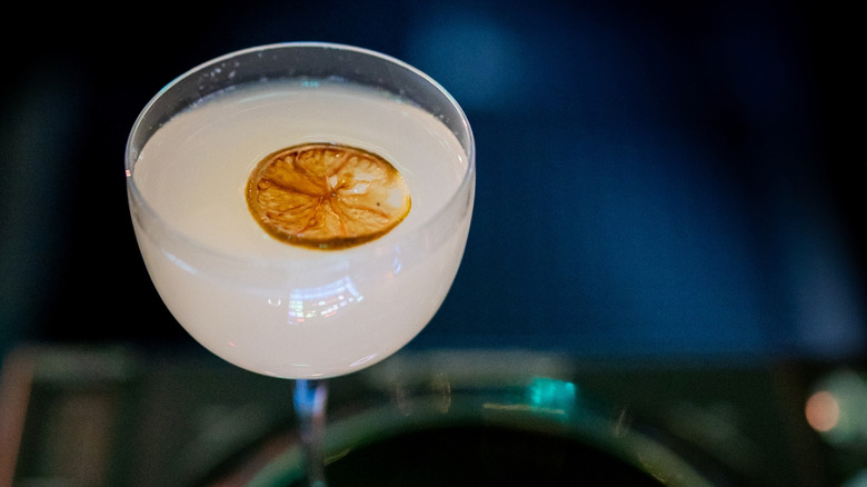 foamy white lady cocktail topped with dried lemon slice
