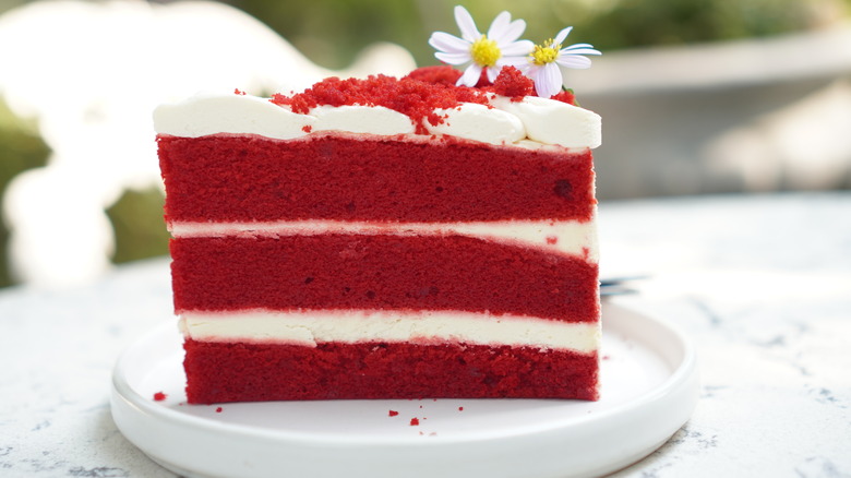 Slice of three-layer red velvet cake on white plate