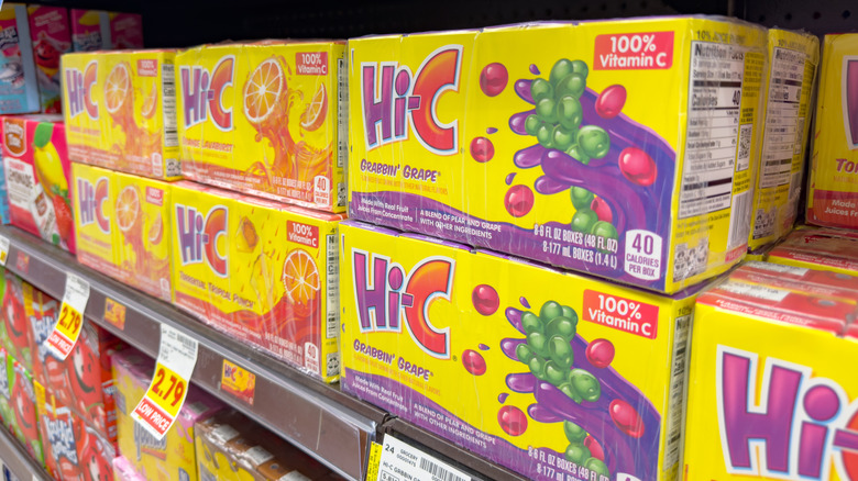 Boxes of Hi-C drinks on shelves