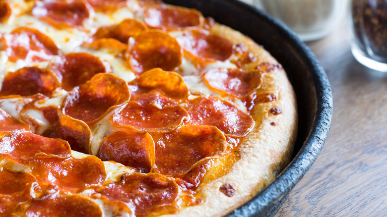 A view of a pepperoni hand-tossed pizza at Pizza Hut