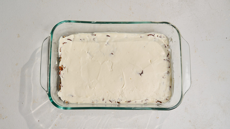 cool whip layer spread over pretzel layer