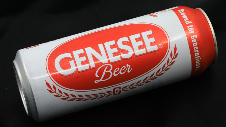 Close-up of a Genesee beer can on a black background