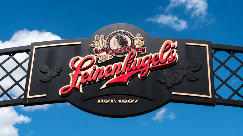 Sign for Leinenkugel's brewery against a blue sky