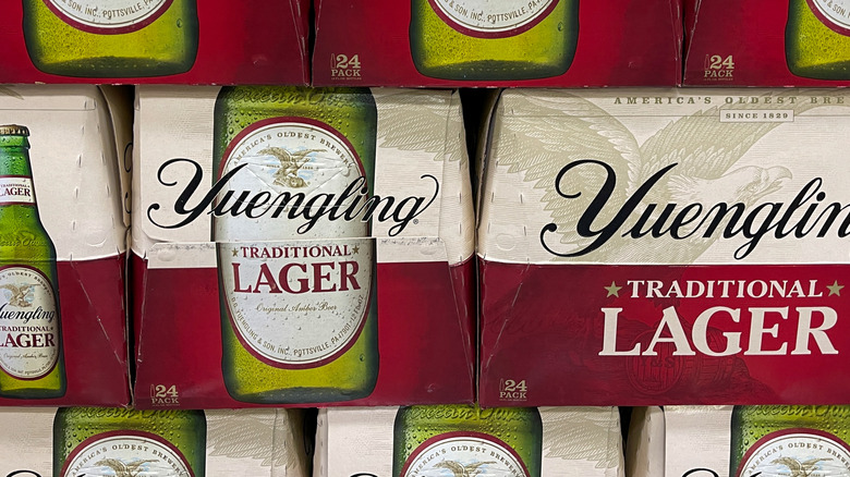 Close-up of stacked boxes of Yuengling lager