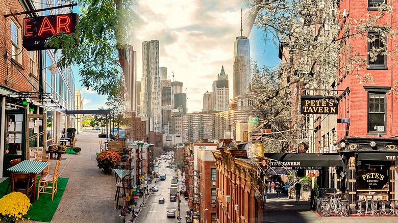 Older restaurants against NYC backdrop