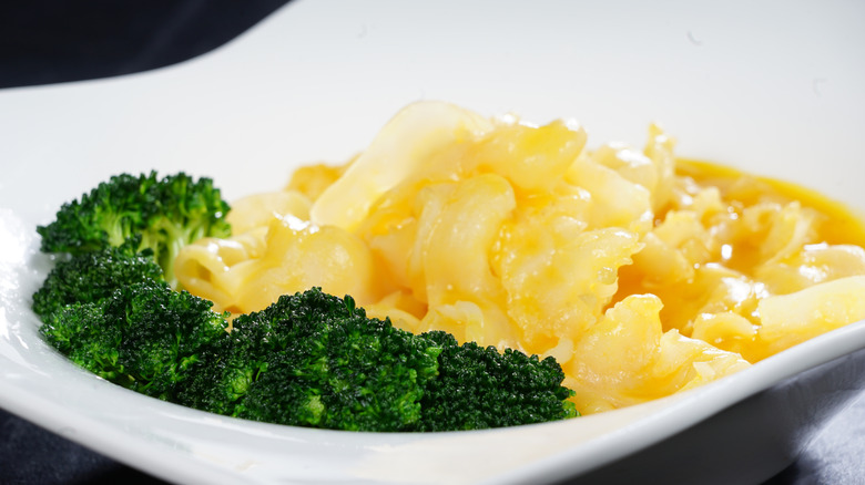 broccoli and mac and cheese on white plate