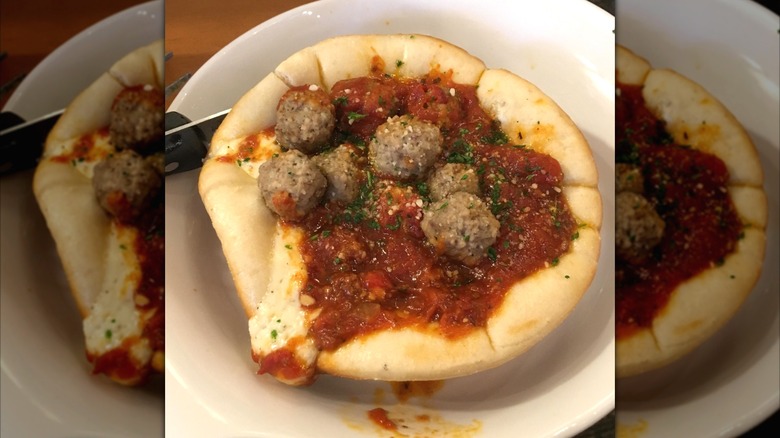 Meatball Pizza Bowl from Olive Garden on white dish