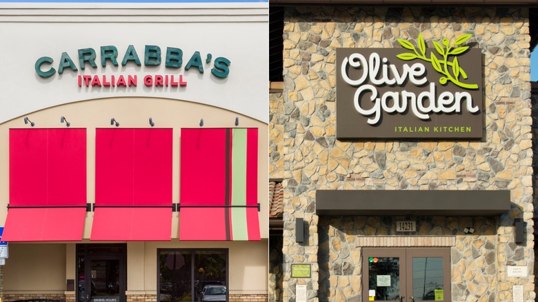 A split image with the exterior of a Carrabba's Italian Grill with red awnings and an Olive Garden sign on a rustic stone building