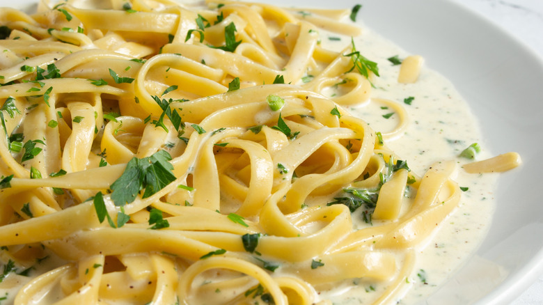 Fettuccine Alfredo pasta in a dish