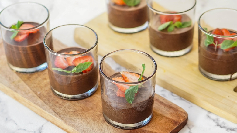 Six glasses of olive oil chocolate mousse