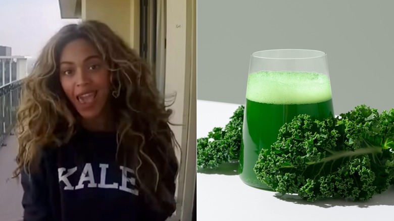 Split screen image of Beyoncé wearing kale shirt and fresh juice with kale leaves