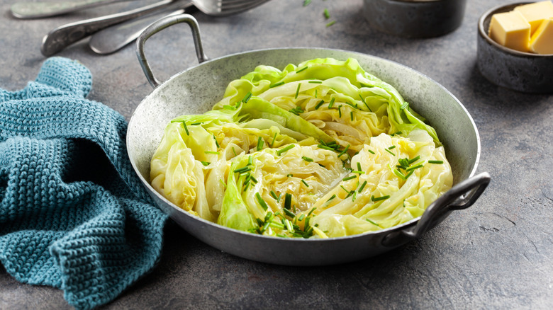 Braised cabbage in a metal pan