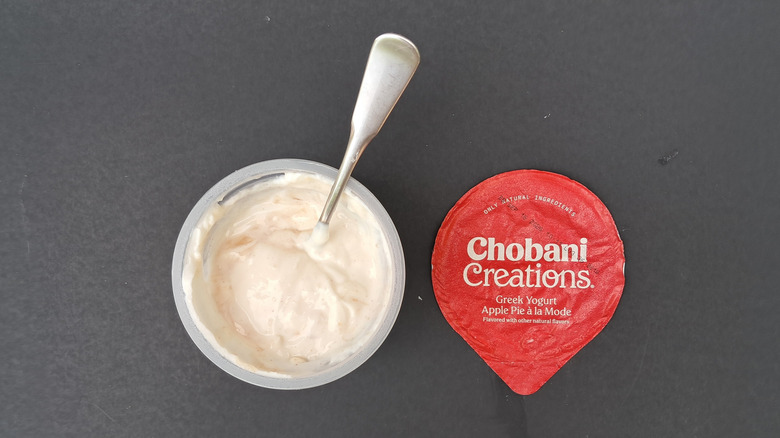 A cup of Chobani apple pie a la mode yogurt