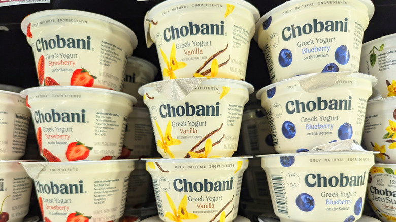 cups of Greek Chobani yogurt in the fridge