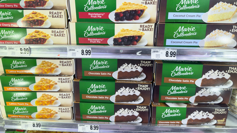 Grocery store freezer display of Marie Callender's pies
