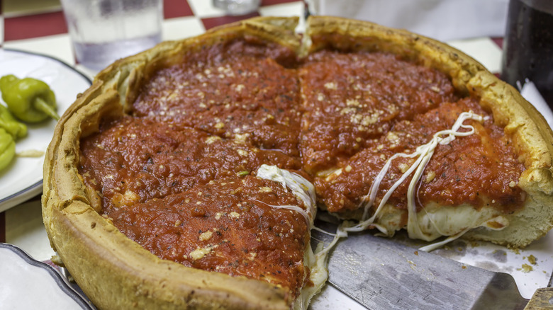 Chicago deep-dish pizza on a plate