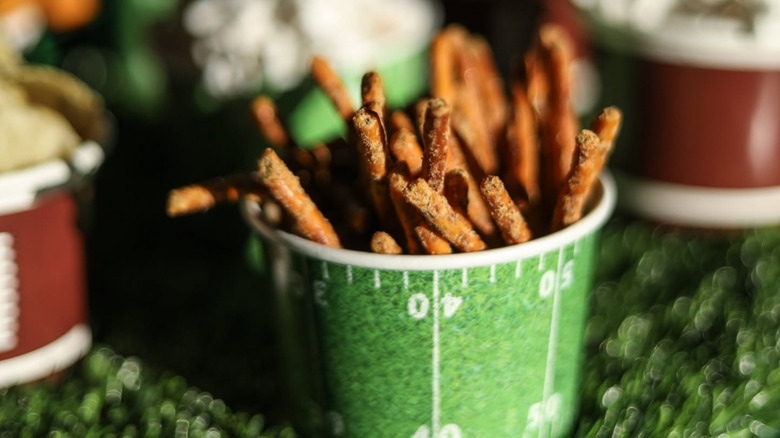 Pop Daddy Pretzel Sticks in football cup