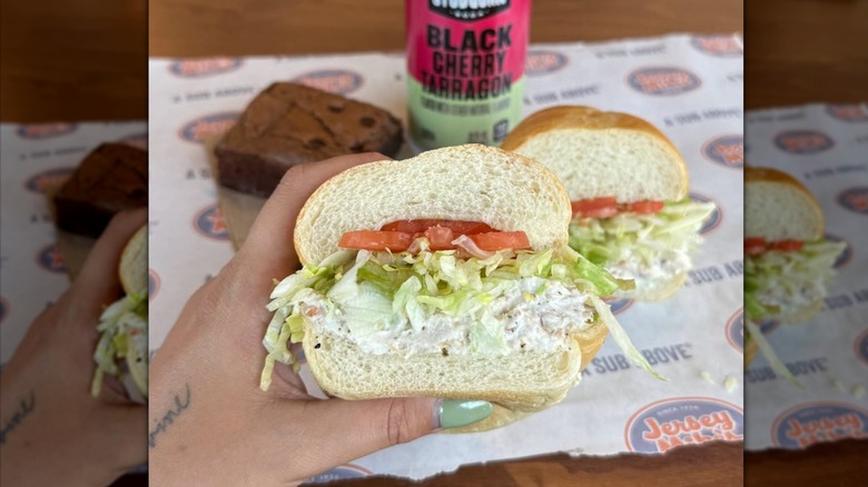 Chicken salad sub on a white background