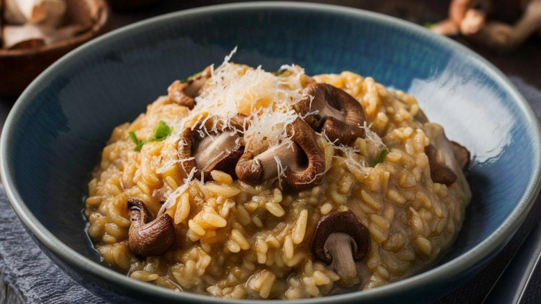 Mushroom risotto in a blue bowl with Parmesan cheese