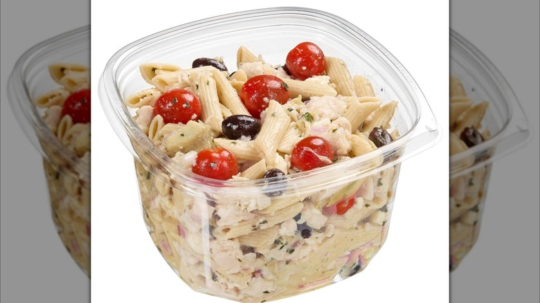 Product image of Costco's Greek pasta salad with olives and tomatoes.