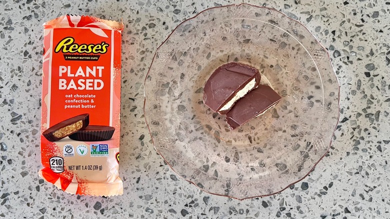 Reese's Plant-Based Oat Chocolate Confection Peanut Butter Cups in a glass dish