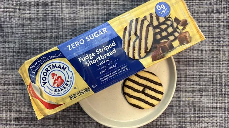 Voortman shortbread package on plate with cookie