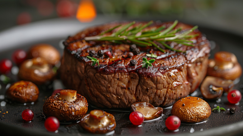 Closeup of a juicy filet mignon with mushrooms