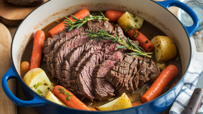 a sliced pot roast surrounded by carrots and potatoes