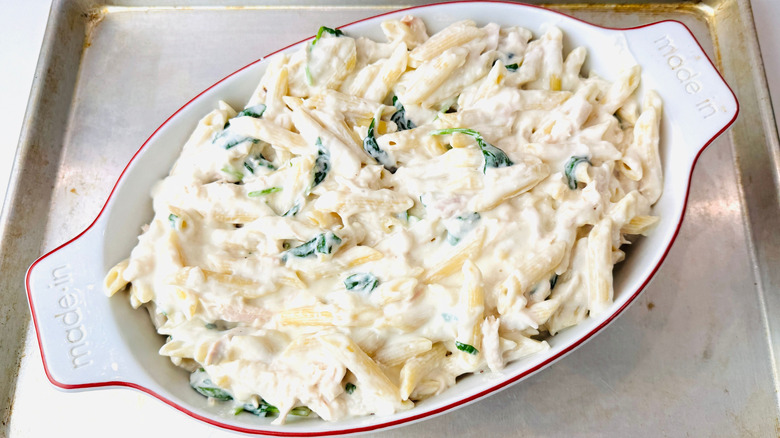 Penne chicken Alfredo in baking dish