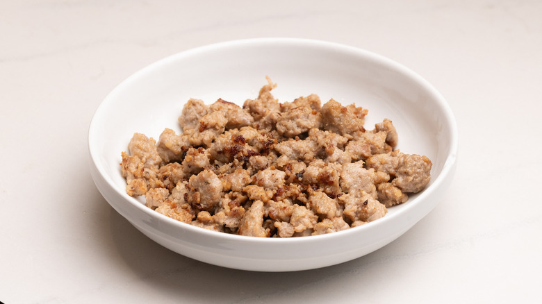 cooked sausage meat in bowl