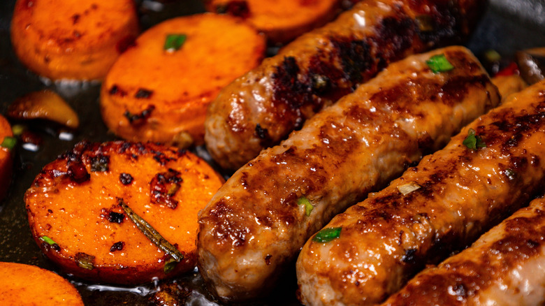 Grilled sweet potatoes and sausages.