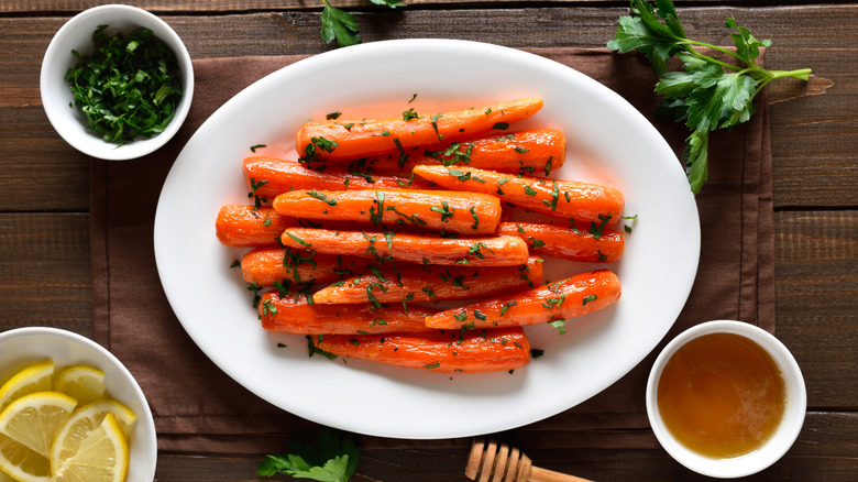 Plate of roasted glazed carrots.