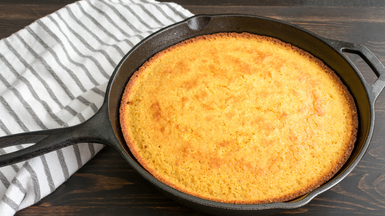 Cornbread baked in a cast iron skillet