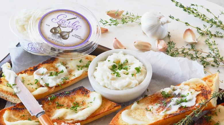 Trader Joe's garlic spread dip and toasted bread slices