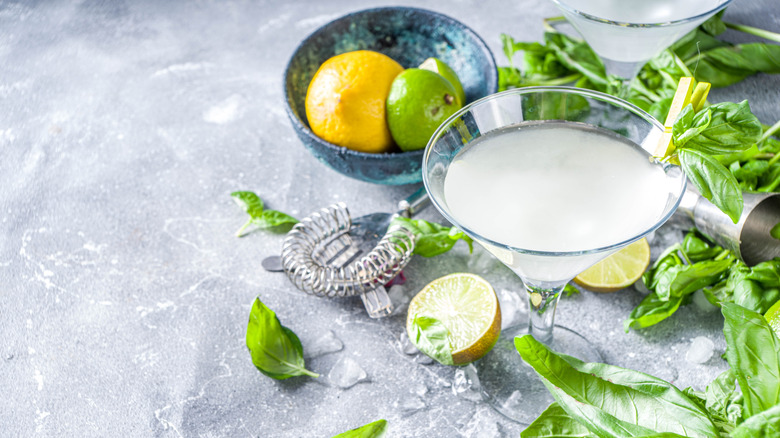 basil gimlet on gray surface