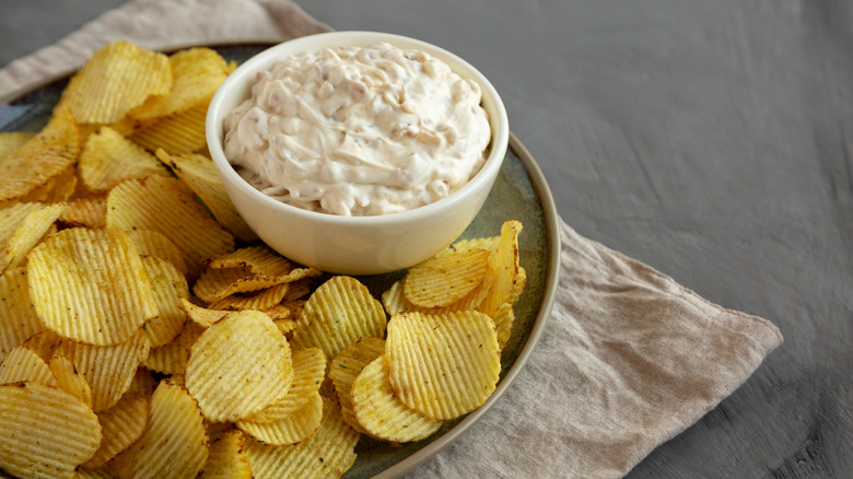 French onion dip served with crinkle cut chips