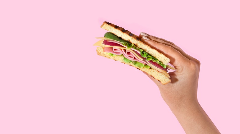 Hand holding a sandwich against a pink background