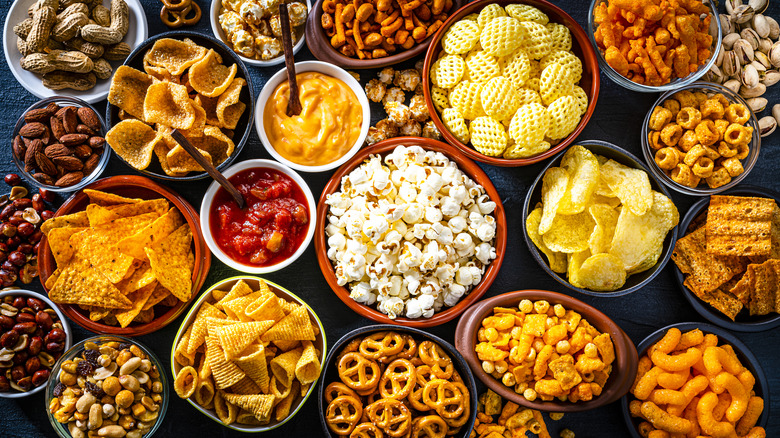 Various snacks in bowls