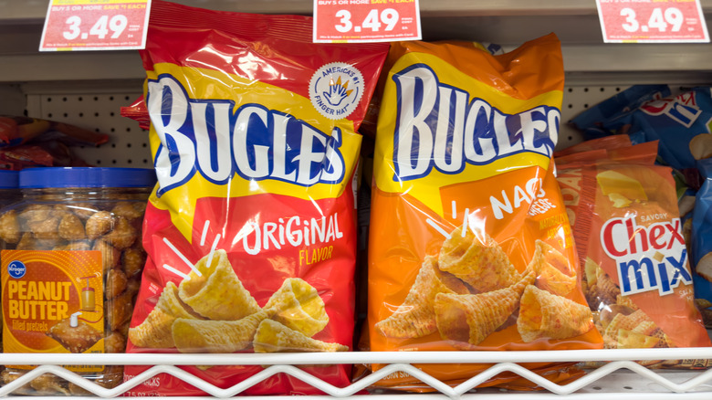 Bags of Bugles on grocery shelves