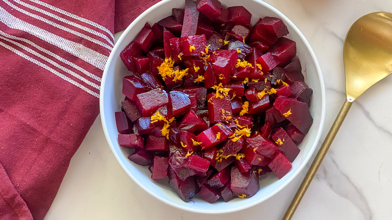 balsamic beets in white bowl