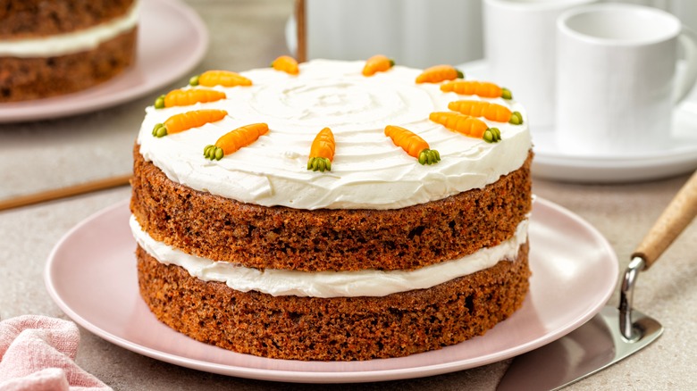 carrot cake on pink plate