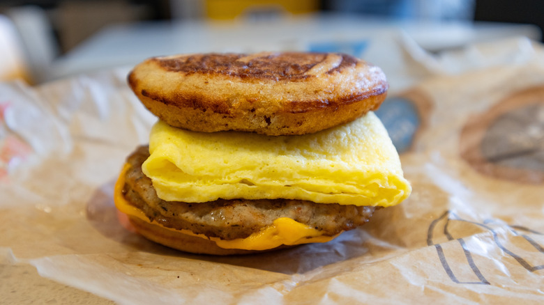 Close-up of a McGriddle with a folded egg on a wrapper