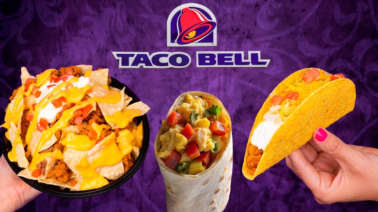 Three Taco Bell menu items underneath the chain's logo and against a purple background