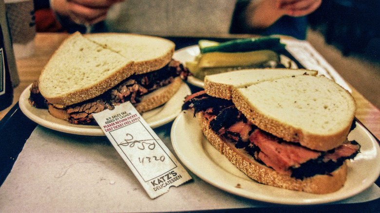 two classic Jewish deli sandwiches on rye from Katz's Delicatessen
