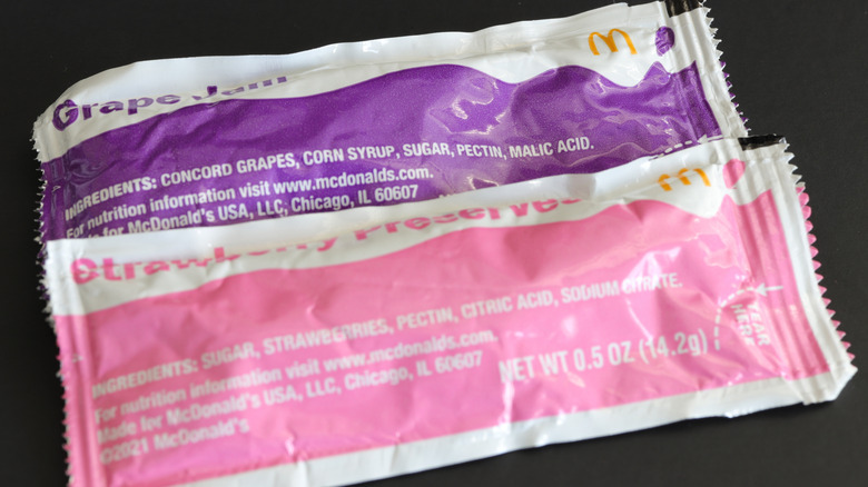 Packets of grape jam and strawberry preserves from McDonald's