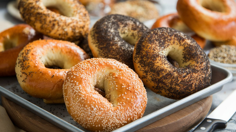 Bagels on a tray.