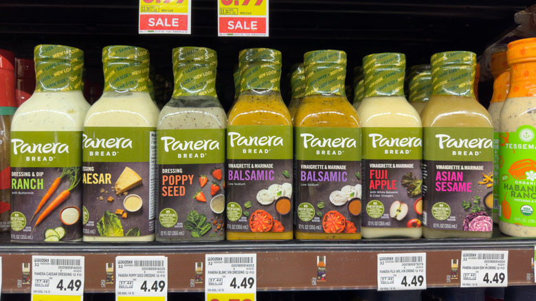 Panera Bread dressings on store shelf.